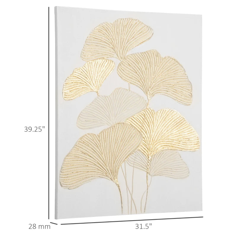 HOMCOM Hand-Painted Canvas Wall Art for Living Room Bedroom, Painting Gold Ginkgo Leaves, 39.25" x 31.5"
