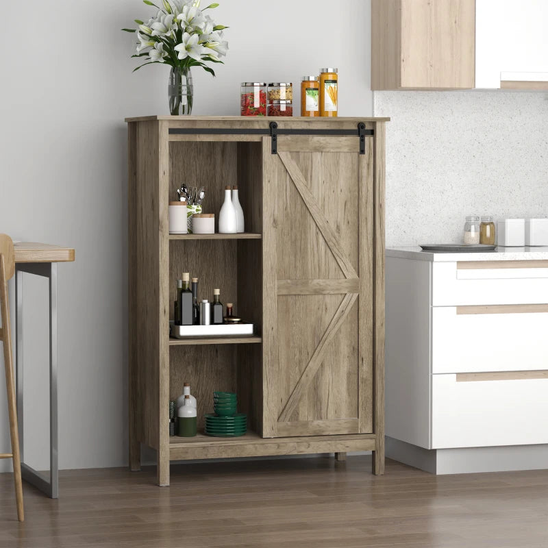 HOMCOM Farmhouse Accent Cabinet, Kitchen Cupboard Storage Cabinet, 3-Tier Organizer with Barn Door and Adjustable Shelf, Grey Oak