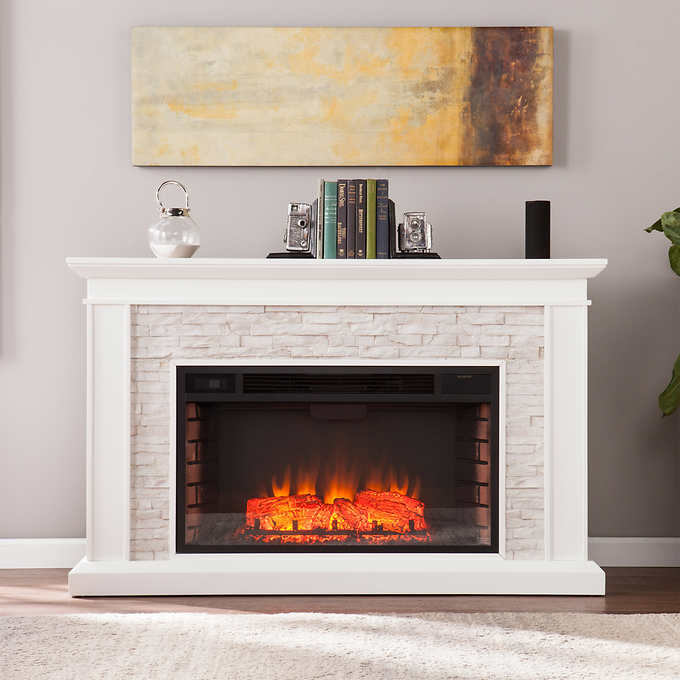 Ledgestone Electric Fireplace with Stacked Stone – White / Gray