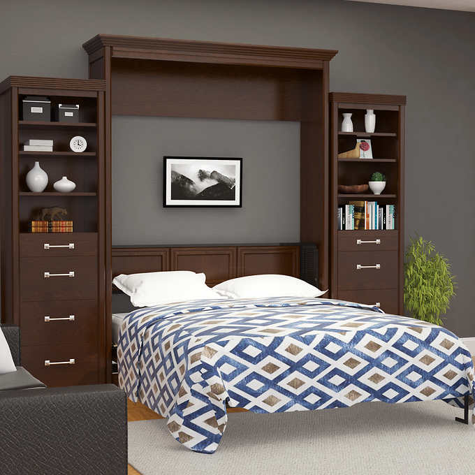Brisbane Queen Portrait Wall Bed with Two Side Towers, Walnut