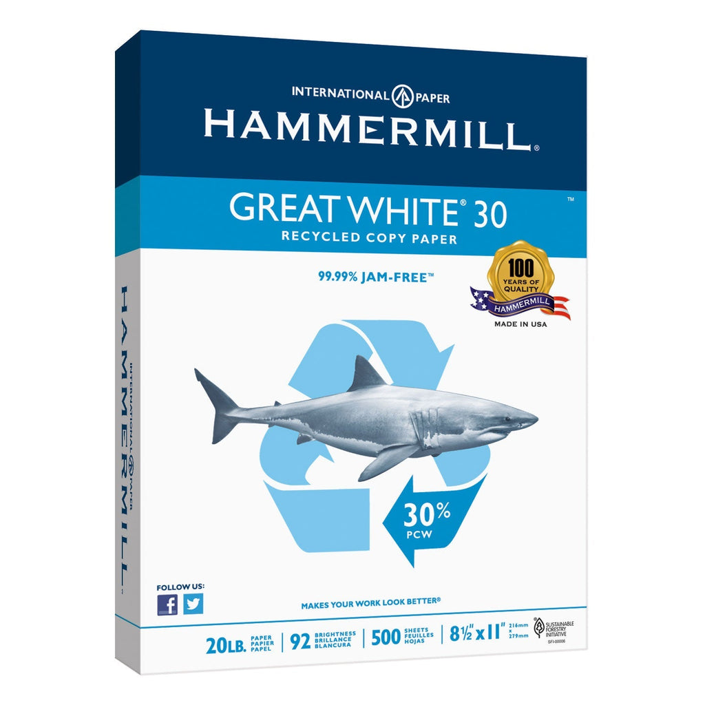 Hammermill Great White, 30% Recycled Printer Paper, Letter, 20lb, 92-Bright, 10 Reams of 500 sheets
