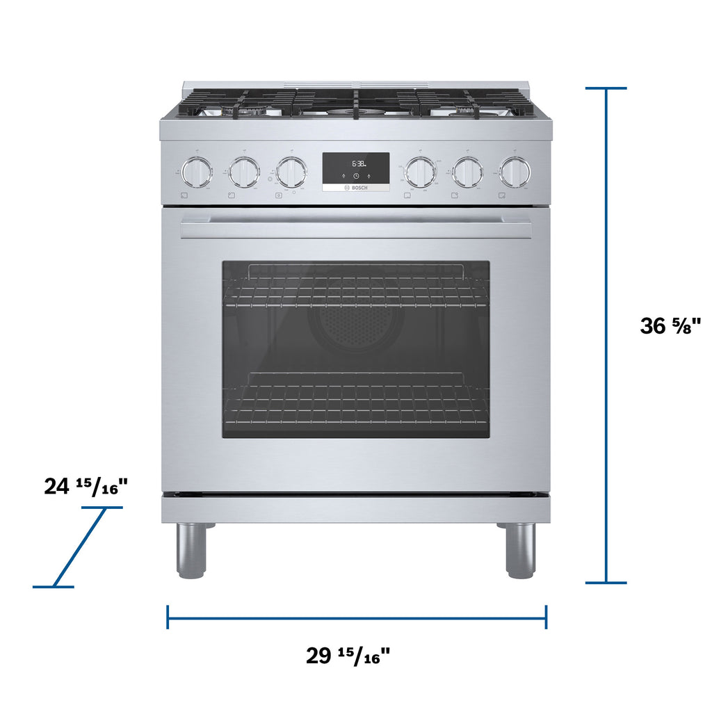Bosch 800 Series 30" Freestanding High Efficiency GAS Range with Telescopic Oven Railing and Powerful Dual-Flame Burner