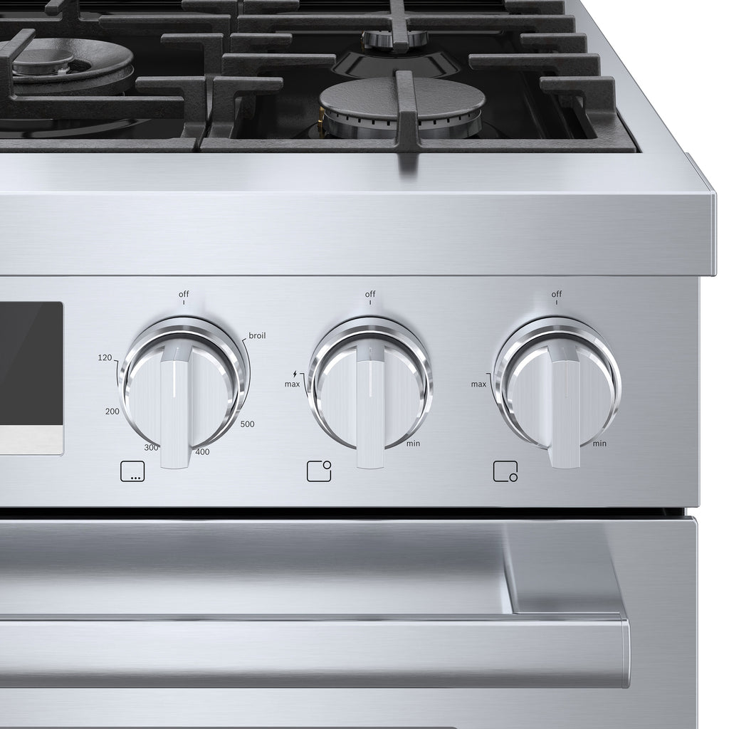 Bosch 800 Series 30" Freestanding High Efficiency GAS Range with Telescopic Oven Railing and Powerful Dual-Flame Burner