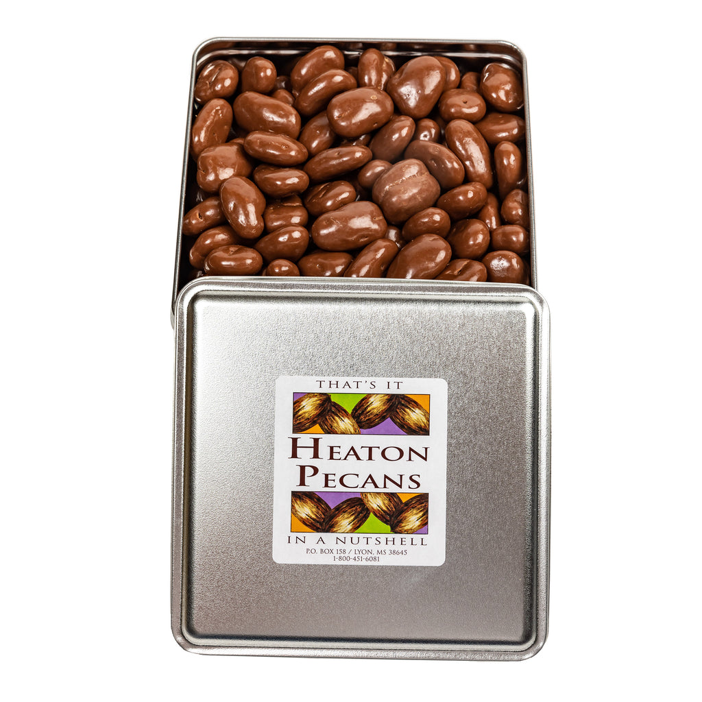 Heaton Pecans Large Square Chocolate Covered Pecan Tin 4.2 lbs Image