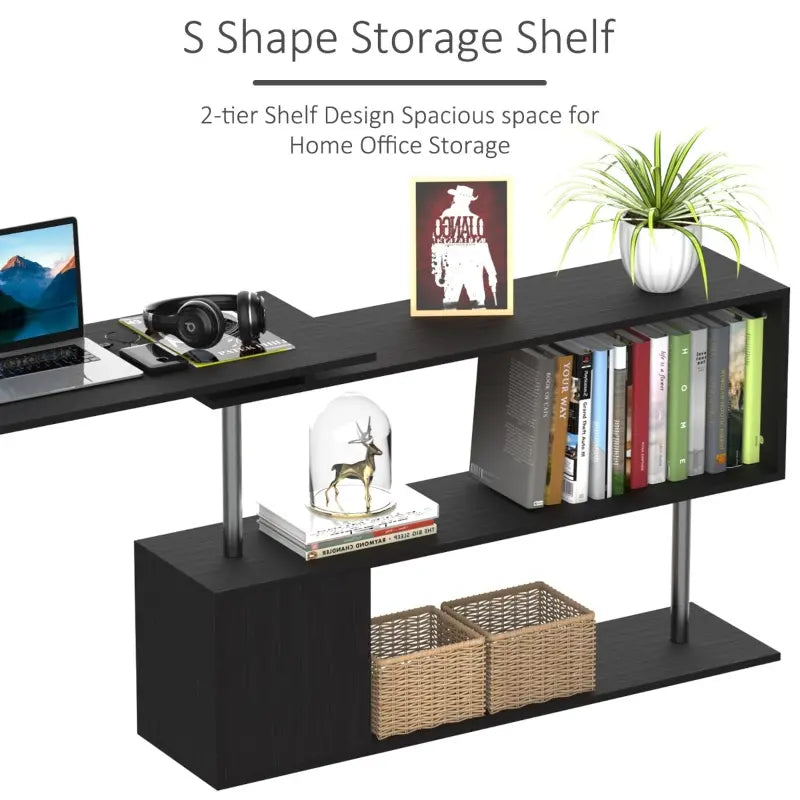 HOMCOM 55" 360° Rotating Corner Computer Desk Modern L-Shaped Home Office Workstation with 3-Tier Storage Shelves, Bookshelf, Black