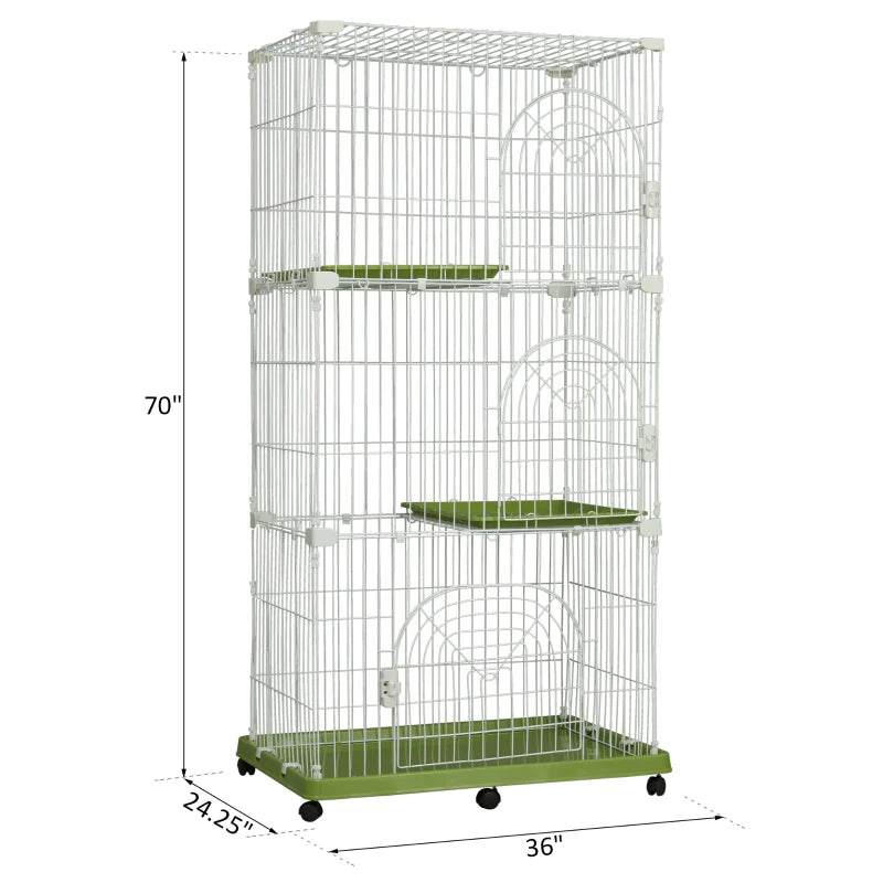 PawHut 70" 3-Level Steel Wire Vertical Cat Condo Pet Cage - White / Green