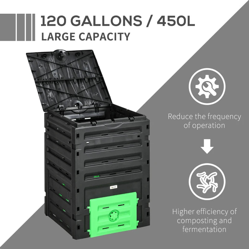 Outsunny Garden Compost Bin, 120 Gallon (450L) Garden Composter, BPA Free, with 80 Vents and 2 Sliding Doors, Lightweight & Sturdy, Fast Creation of Fertile Soil, Black