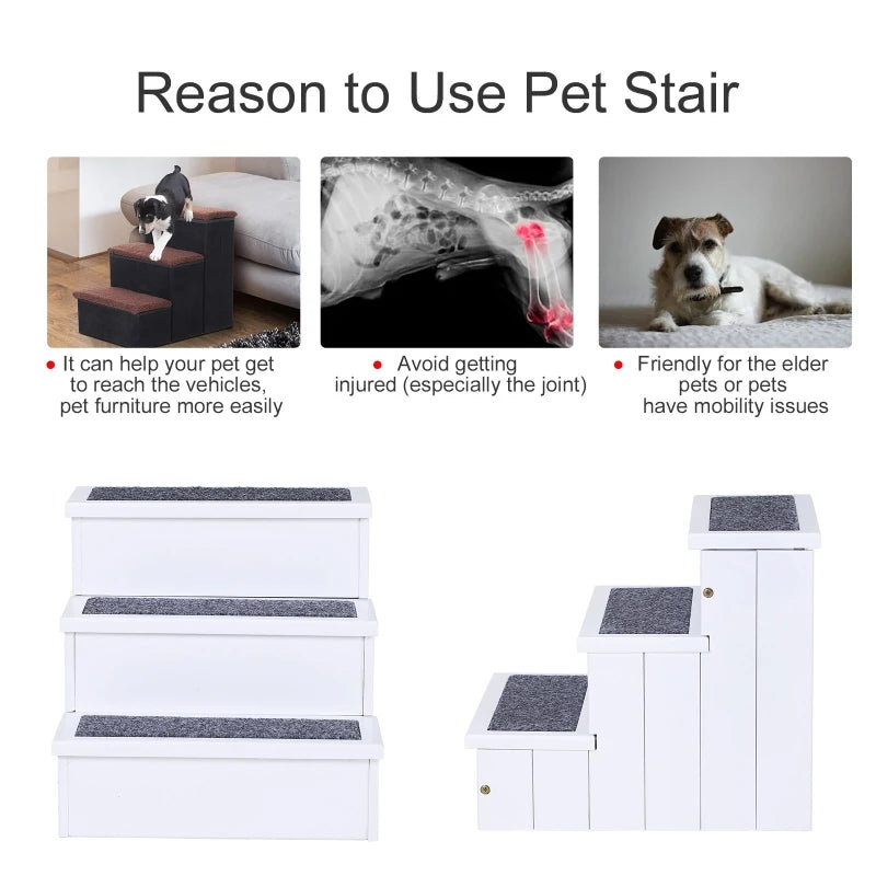 PawHut 3 Step Wooden Carpeted Non Slip Pet Stairs Ramp for Cats and Small Dogs - White
