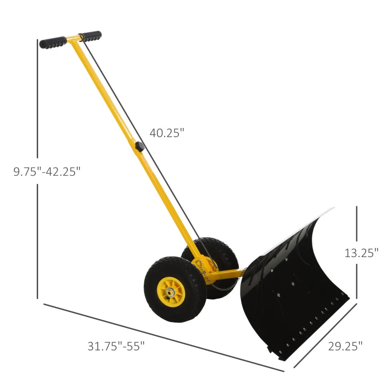 Outsunny 29" Rolling Snow Pusher Shovel with Wheels and Adjustable Handle Yellow