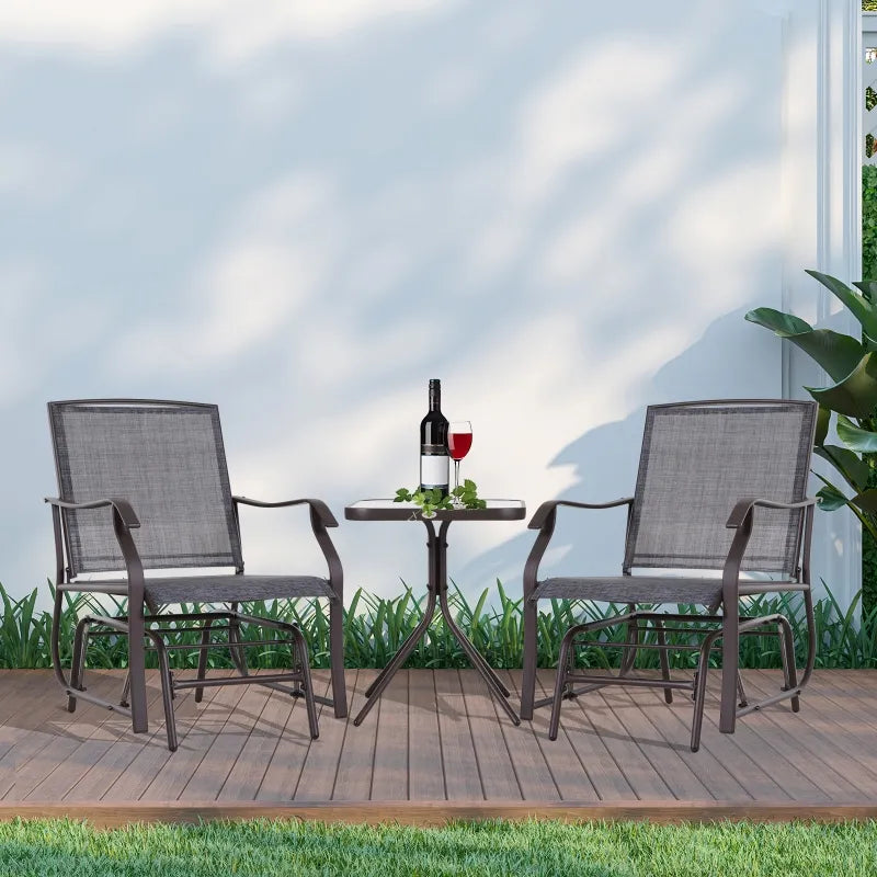Outsunny 3 Pcs Outdoor Gliders Set Bistro Set with Glass Top Table for Patio, Garden, Backyard, Lawn, Grey