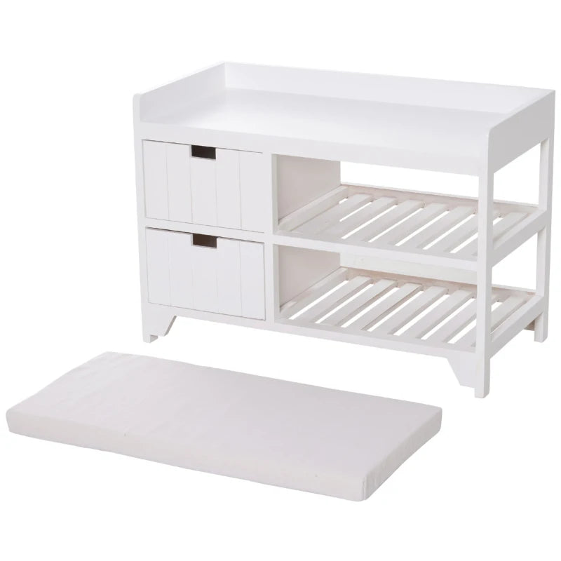 HOMCOM Shoe Cabinet, Wooden Storage Bench with Cushion, Entryway Rack with Drawers, Open Shelves, Country White