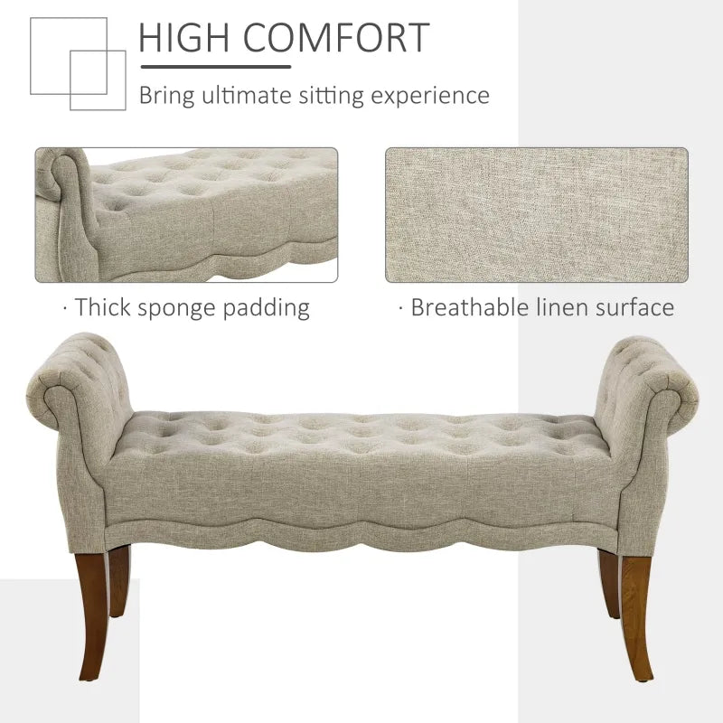 HOMCOM Traditional Style End of Bed Bench, Upholstered Entryway Bench with Button Tufted and Rounded Arm, Light Gray