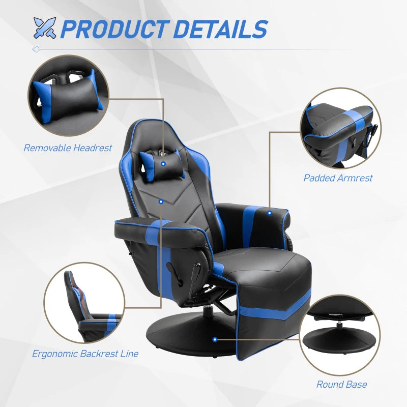 Vinsetto High Back Racing Style Gaming Chair, PU Leather Gamer Recliner Chair with Swivel Pedestal Base, Adjustable Footrest, and Head Pillow, Blue