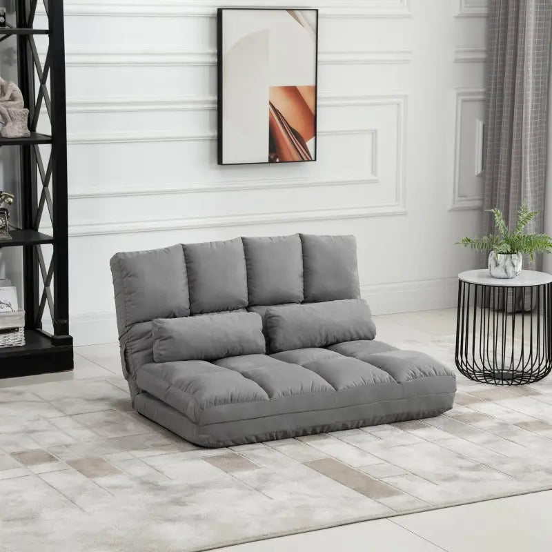 HOMCOM Convertible Floor Sofa Chair, Folding Upholstered Couch Bed, Adjustable Guest Chaise Lounge with Metal Frame and 2 Pillows, Grey