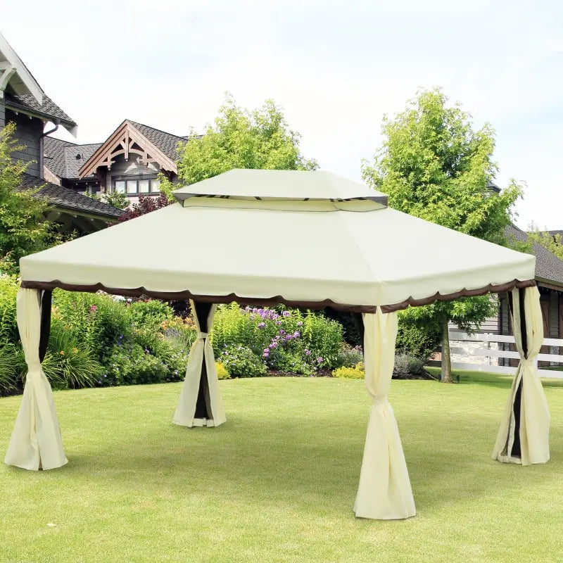 Outsunny 10' x 13' Patio Gazebo, Aluminum Frame Double Roof Outdoor Gazebo Canopy Shelter with Netting & Curtains, for Garden, Lawn, Backyard and Deck, Cream White