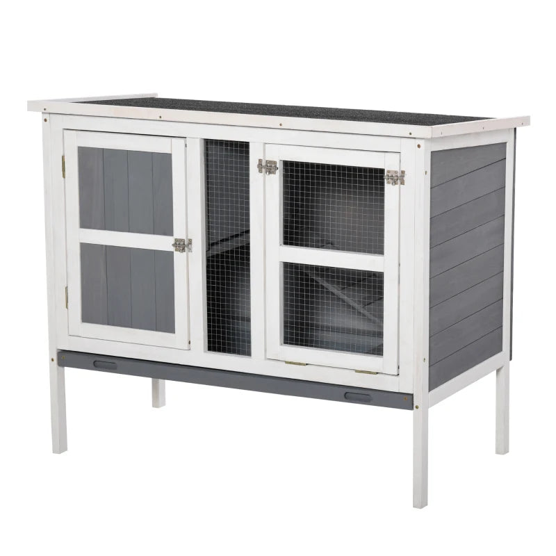 PawHut Wooden Bunny Hutch Rabbit Hutch Small Animals Habitat with Ramp, Removable Tray and Weatherproof Roof, Indoor/Outdoor, Grey