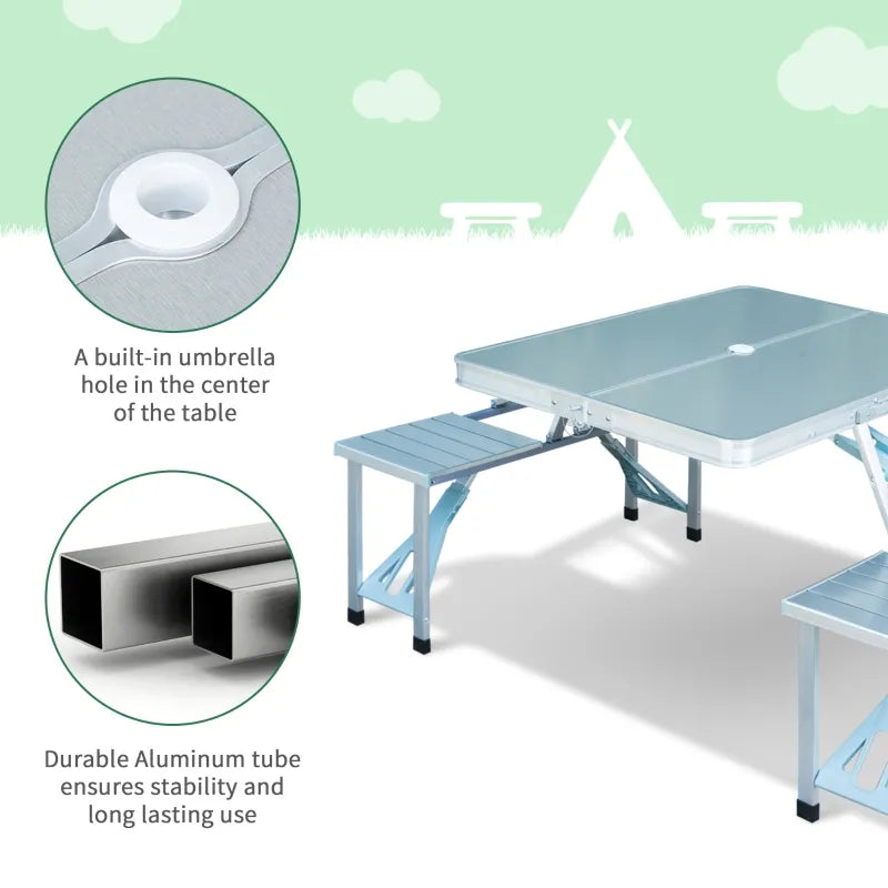 Outsunny 38"Camping Table with 4 seat Folding Aluminum Picnic Table Chair Set, 4-Seat Outdoor Furniture with Portable Suitcase, Umbrella Hole, Handle for Camping Dining BBQ, Silver