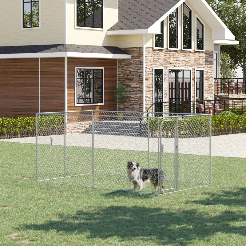 PawHut Outdoor Dog Kennel Galvanized Chain Link Fence Heavy Duty Pet Run House Chicken Coop with Secure Lock Mesh Sidewalls for Backyard Garden 13' x 8' Silver