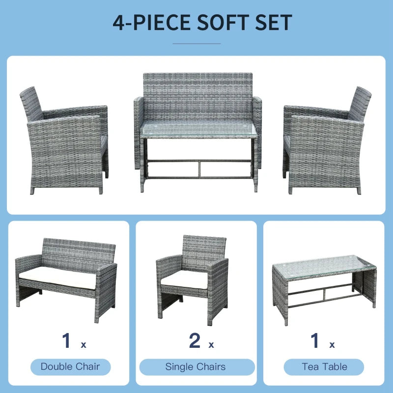 Outsunny 4 Pieces Patio Wicker Dining Sets, Outdoor PE Rattan Sectional Conversation Set with Cushions & Dining Table, Bench for Garden, Backyard, Lawn,  Grey