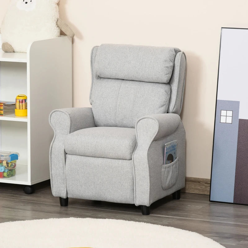 Qaba Kids Recliner Chair Children Sofa Angle Adjustable Single Lounger Armchair Gaming Chair with Footrest 2 Side Pockets for 3-5 years, Light Grey