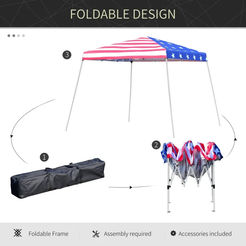 Outsunny Slant Leg Pop Up Canopy Tent with American Flag Roof and Carry Bag, Instant Sun Shelter, Height Adjustable for Fourth of July, Independence Day, (10'x10' Base / 8'x8' Top)