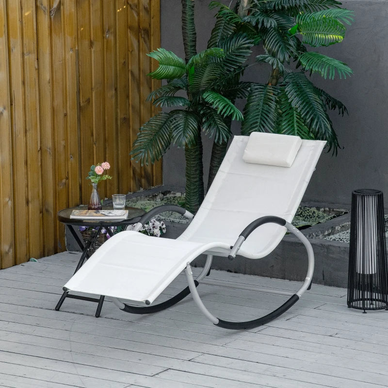 Outsunny Outdoor Rocking Chair with Detachable Pillow, Zero Gravity Patio Chaise Sun Lounger Chair with Breathable Mesh Fabric, and Curved Armrests for Lawn, Garden or Pool,  White