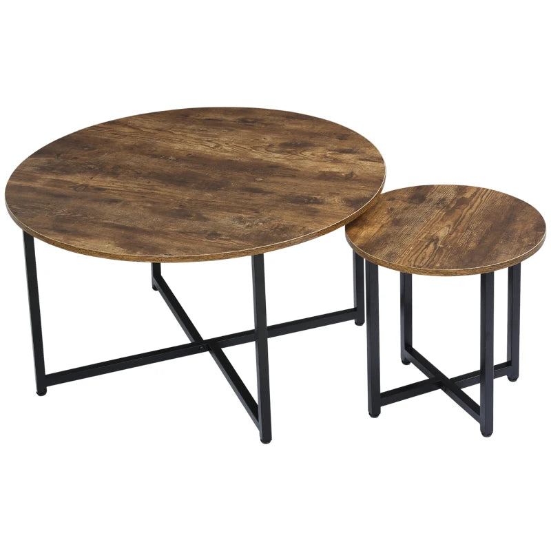 HOMCOM Round Coffee Table, Nesting Set of 2 with Metal Frame, Industrial Side End Table, Rustic Brown