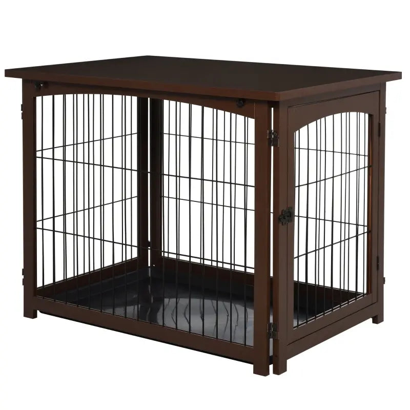 PawHut Wooden Decorative Dog Cage Pet Crate Fence Side Table Small Animal House with Tabletop, Lockable Door - Brown
