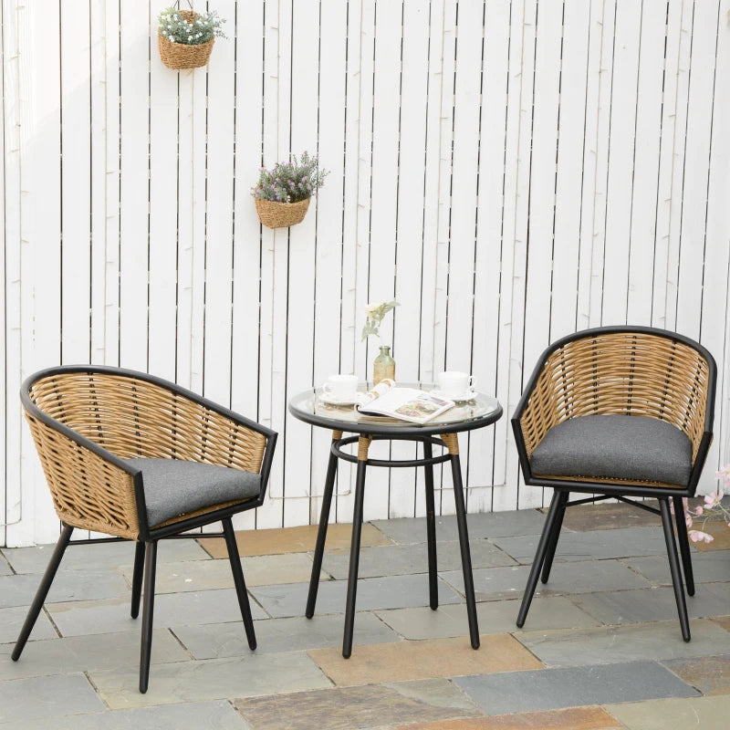 Outsunny 3 Piece Patio Set, Outdoor Bistro Furniture, PE Rattan Wicker Table and Chairs, Cushioned, Hand Woven, Barrel-Style with Tempered Glass for Garden, Porch, Pool, Backyard, White