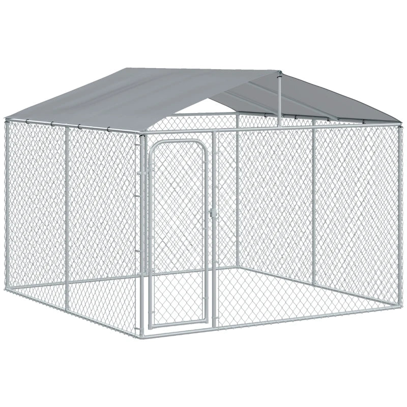 PawHut Dog Kennel Outdoor with Water-resistant Cover, Steel Exercise Pen with Galvanized Chain Link, Outside Pet Playpen with Secure Lock, 7.5' x 7.5' x 5.7'