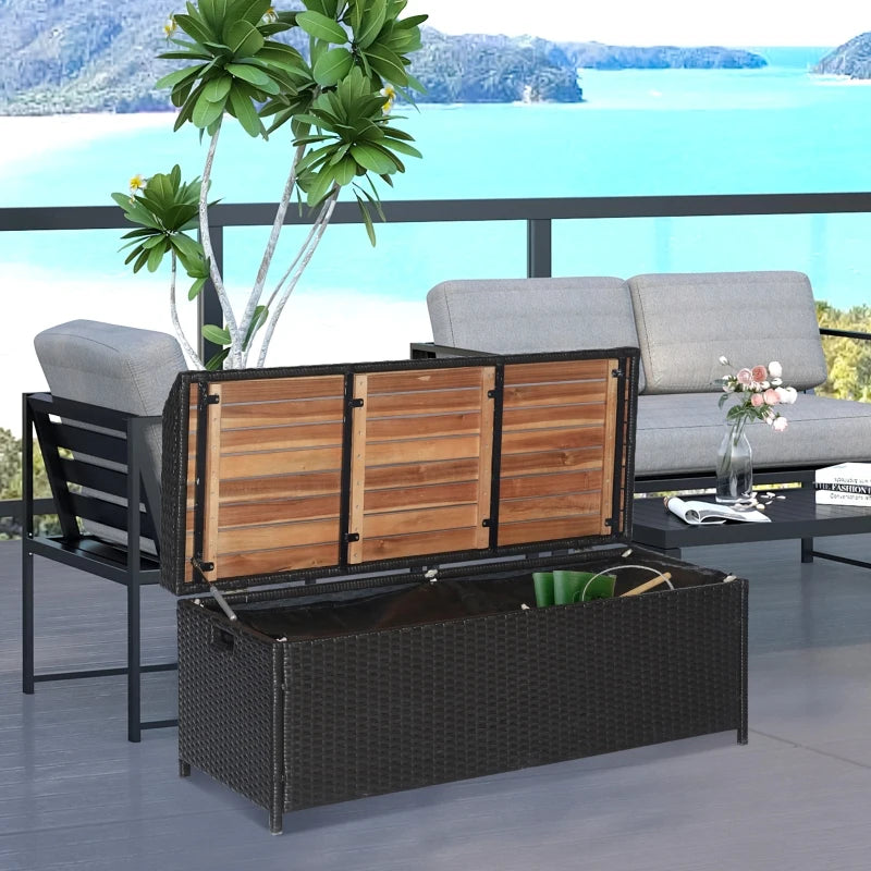 Outsunny Patio Wicker Storage Bench, Outdoor PE Rattan Patio Furniture, Air Strut Assisted Easy Open, 2-in-1 Large Capacity Rectangle Basket Box with Handles & Wooden Seat, Black