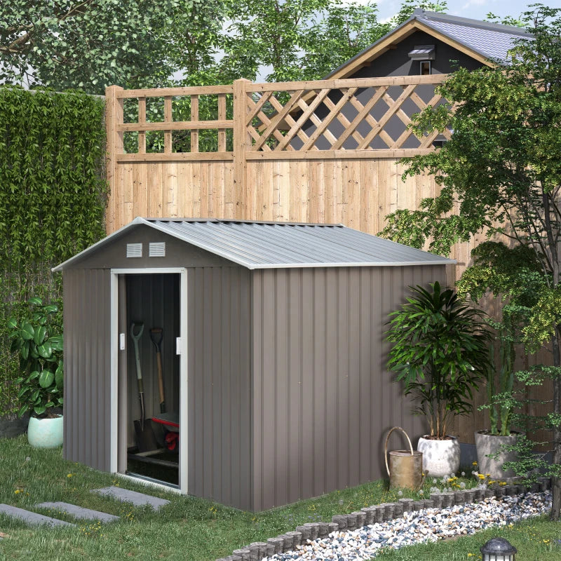 Outsunny 9' x 6' Metal Storage Shed Garden Tool House with Double Sliding Doors, 4 Air Vents for Backyard, Patio, Lawn Dark Grey