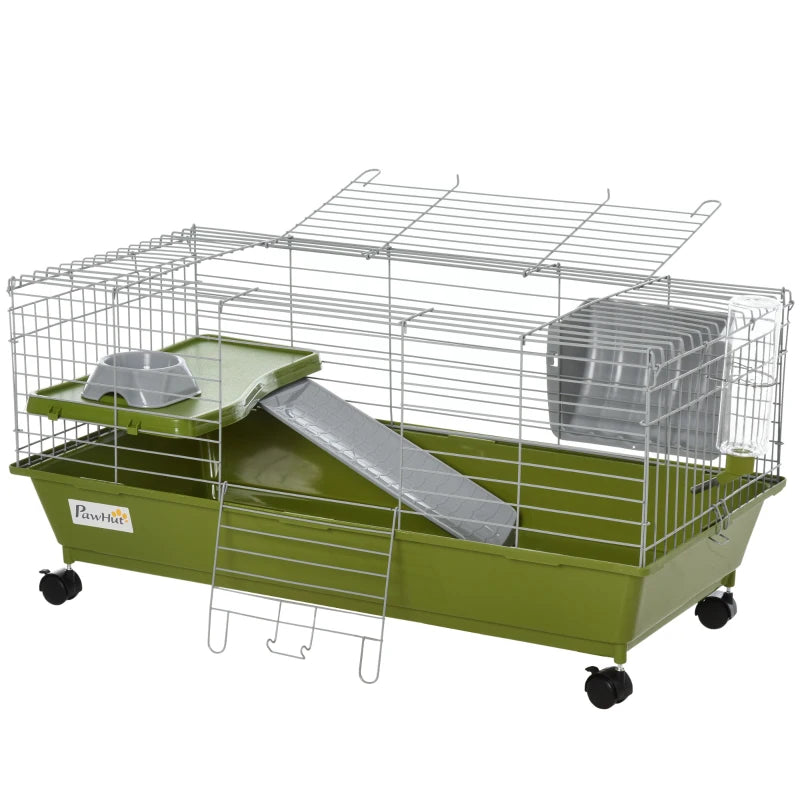 PawHut 35" Small Animal Cage Chinchilla Guinea Pig Hutch Ferret Pet House with Platform Ramp, Food Dish, Wheels, & Water Bottle