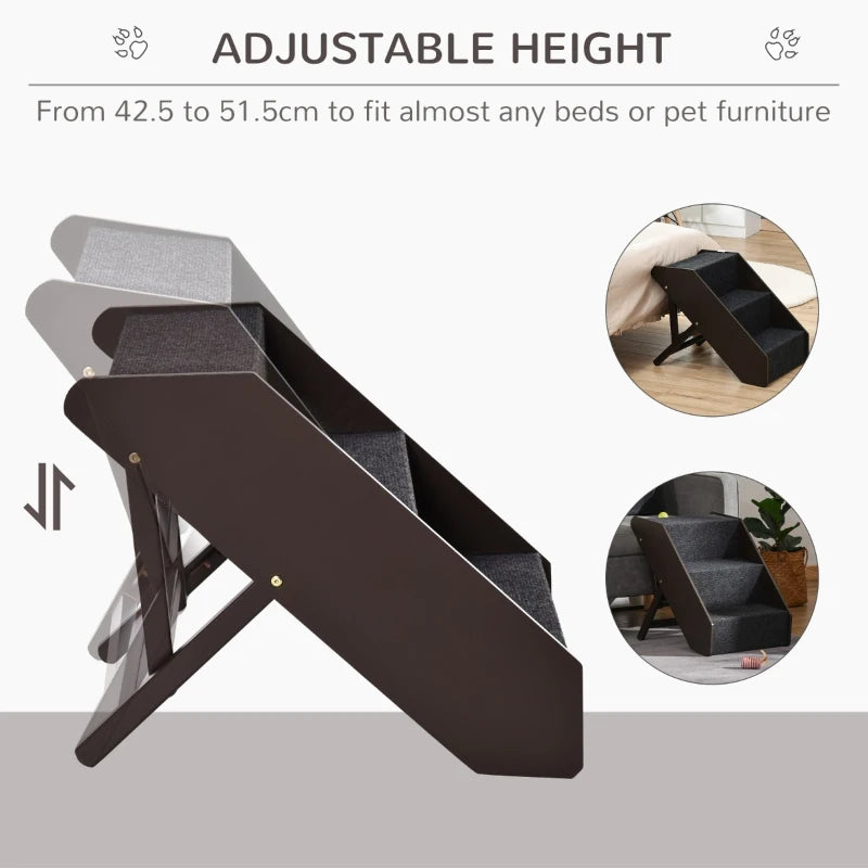 PawHut 3 Step Height Adjustable Portable Wooden Easy Climb Pet Stairs - Espresso Brown