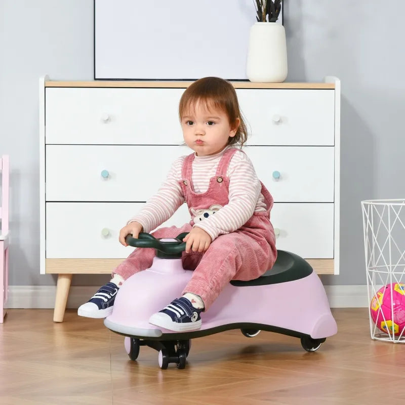 Qaba Kids Wiggle Car Ride on Toy with LED Flashing Wheels, Swing Car for Toddlers, No Batteries, Gears or Pedals - Twist, Turn, Wiggle Movement to Steer, Dolphin Shaped Pink