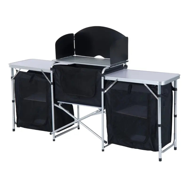 Outsunny Aluminum Portable Camping Kitchen Fold-Up Cooking Table With Windscreen and 3 Enclosed Cupboards for BBQ, Party, Picnics