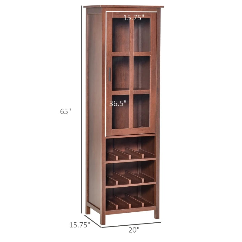 HOMCOM Tall Wine Cabinet, Bar Display Cupboard with 12-Bottle Wine Rack, Glass Door and 3 Storage Compartment for Living Room, Home Bar, Dining Room, Walnut