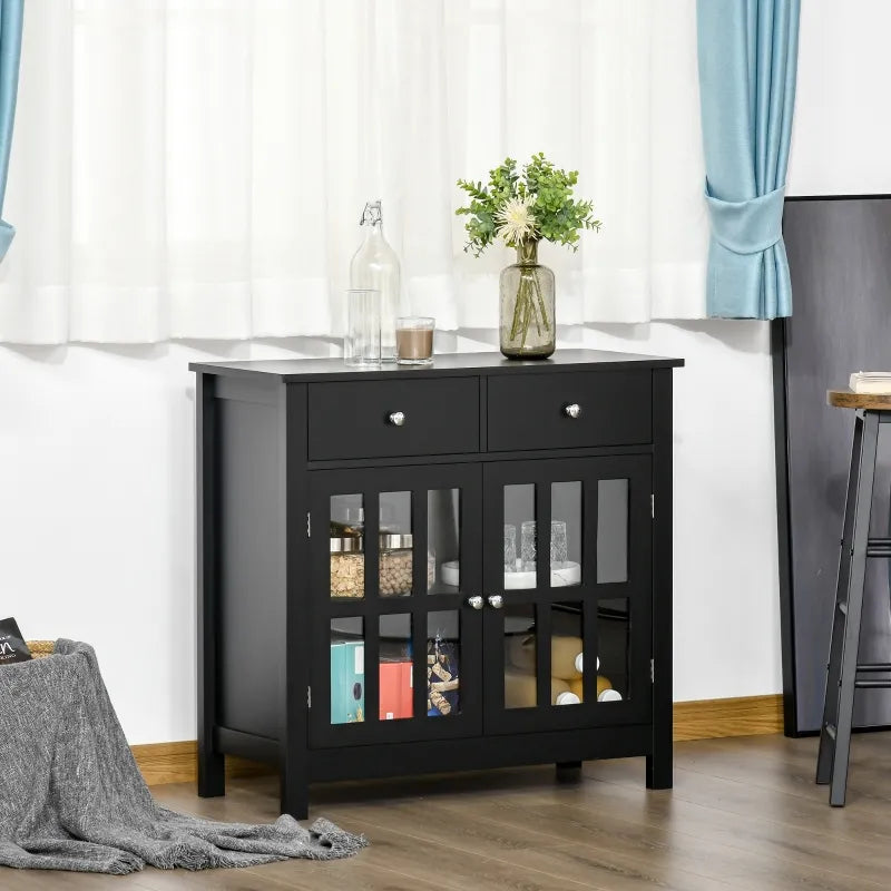 HOMCOM Sideboard Buffet Cabinet, Storage Cupboard with Glass Doors, Adjustable Shelf and 2 Drawers for Kitchen, Black