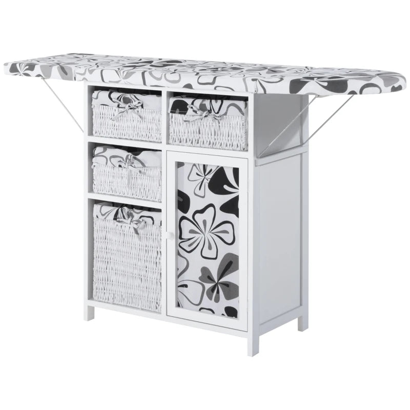 HOMCOM Drop Leaf Ironing Board With Shelves and Storage Boxes - Hawaiian Flowers