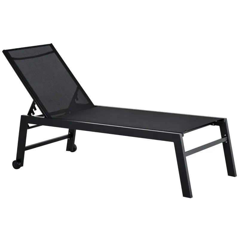 Outsunny Outdoor Chaise Lounge with Wheels, Five Position Recliner for Sunbathing, Suntanning, Steel Frame, Breathable Fabric for Beach, Yard, Patio, Black