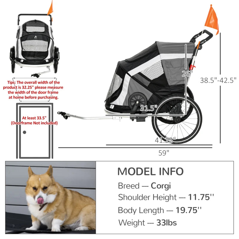 ShopEZ USA 2-in-1 Pet Bike Trailer, Dog Stroller, Small Pet Bicycle Cart Carrier with Safety Leash, and Easy Fold Design, Grey