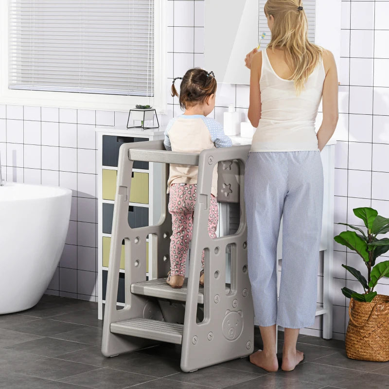 Qaba Toddler Tower with Adjustable Height, Toddler Kitchen Stool Helper with Anti-slip Mat, Step Stool for Kitchen, Bathroom, Gray