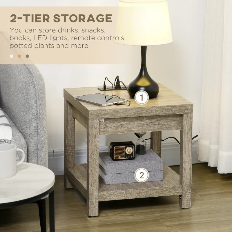 HOMCOM Storage End Table with Charging Station, Small Side Table, End Table USB Ports and Outlets, 17.75"x17.75"x17.75", Gray
