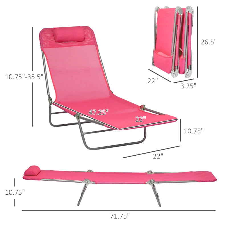 Outsunny Folding Chaise Lounge Pool Chairs, Outdoor Sun Tanning Chairs with Pillow, Reclining Back, Steel Frame & Breathable Mesh for Beach, Yard, Patio, Pink