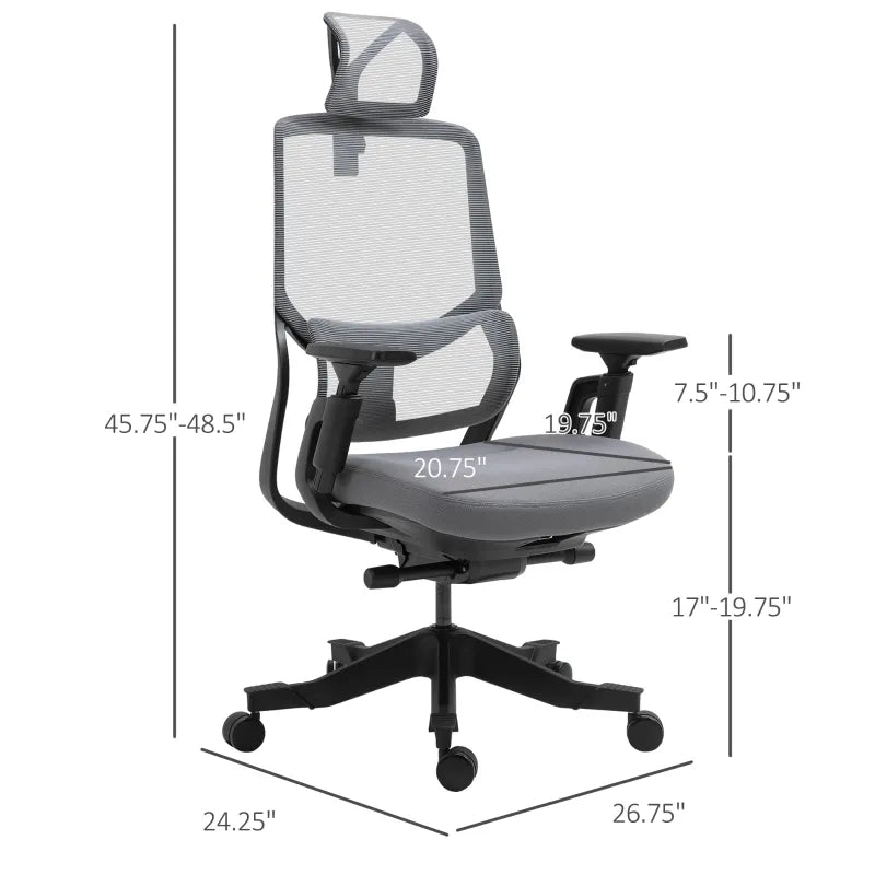 Vinsetto High-Back Office Computer Desk Seat w/ Lumbar Support & Adjustable Height, Grey