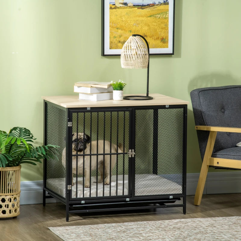 PawHut Dog Crate Furniture with Water-Resistant Cushion Medium Dog Kennel, Oak, 31.5" x 22" x 28"