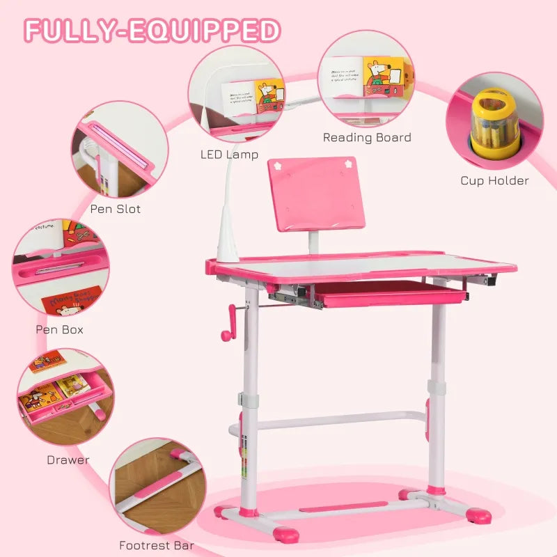 Qaba Kids Desk and Chair Set, Height Adjustable School Study Table and Chair, Student Writing Desk with Tilt Desktop, LED Lamp, Pen Box, Drawer, Reading Board, Cup Holder, and Pen Slots, Pink