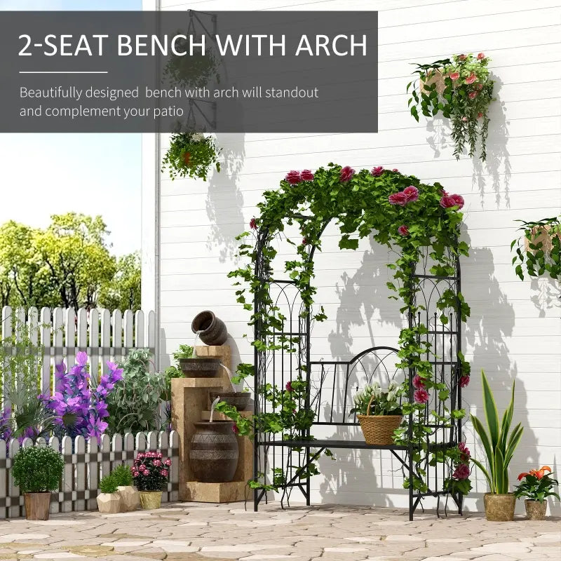 Outsunny Metal Trellis Arbor Arch for Climbing Plants with Garden Bench, Grow Grapes & Vines, Patio Decor & 2-Person Outdoor Interlacing Decorative Seating with Tips, 484 lbs. Weight Capacity, Black