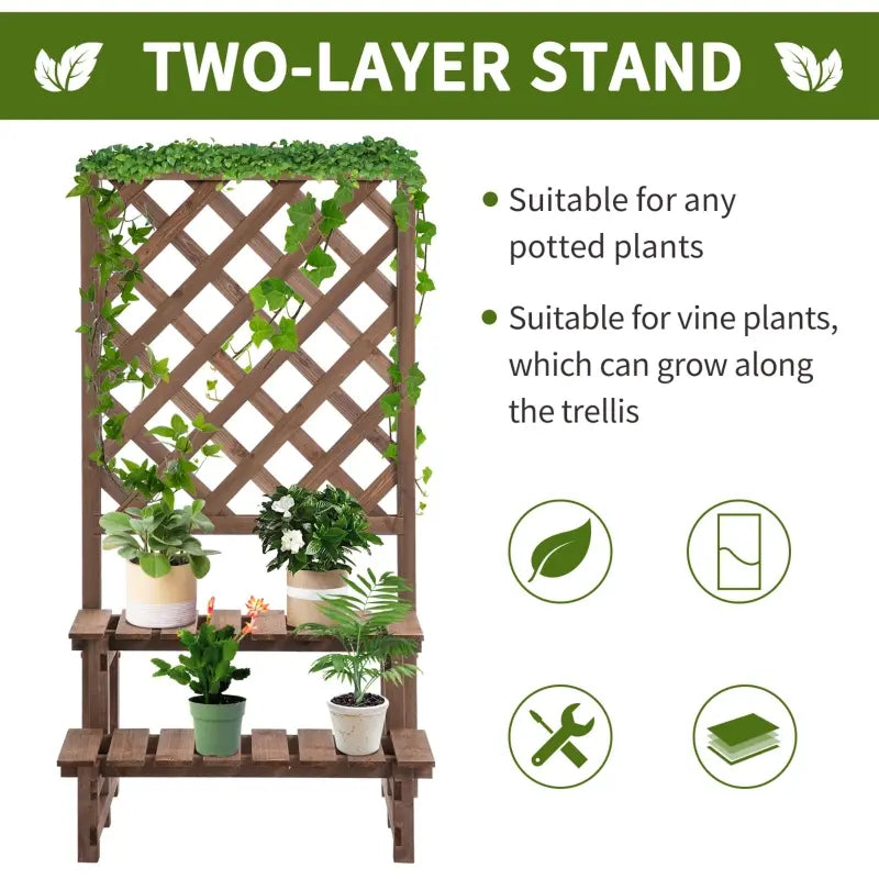 Outsunny Outdoor Plant Stand on Wheels with 2 Shelves, Wooden Flower Cart Display Stand, Wagon Decor for Garden, Patio, Balcony, Greenhouse