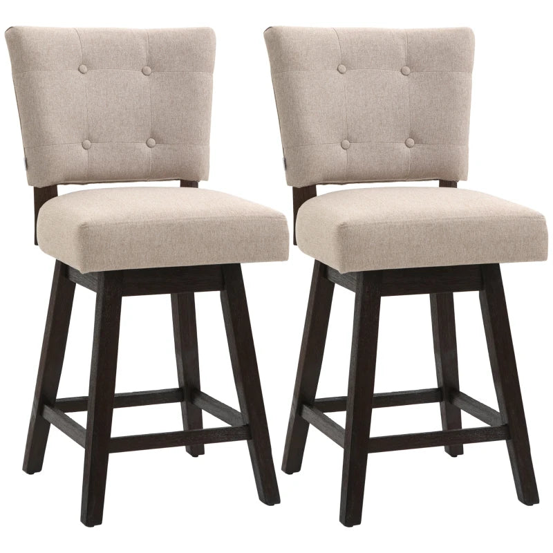 HOMCOM Swivel Bar Stools, Set of 2, Fabric Tufted Counter Height Bar Stools with Rubber Wood Legs and Footrest, Cream White